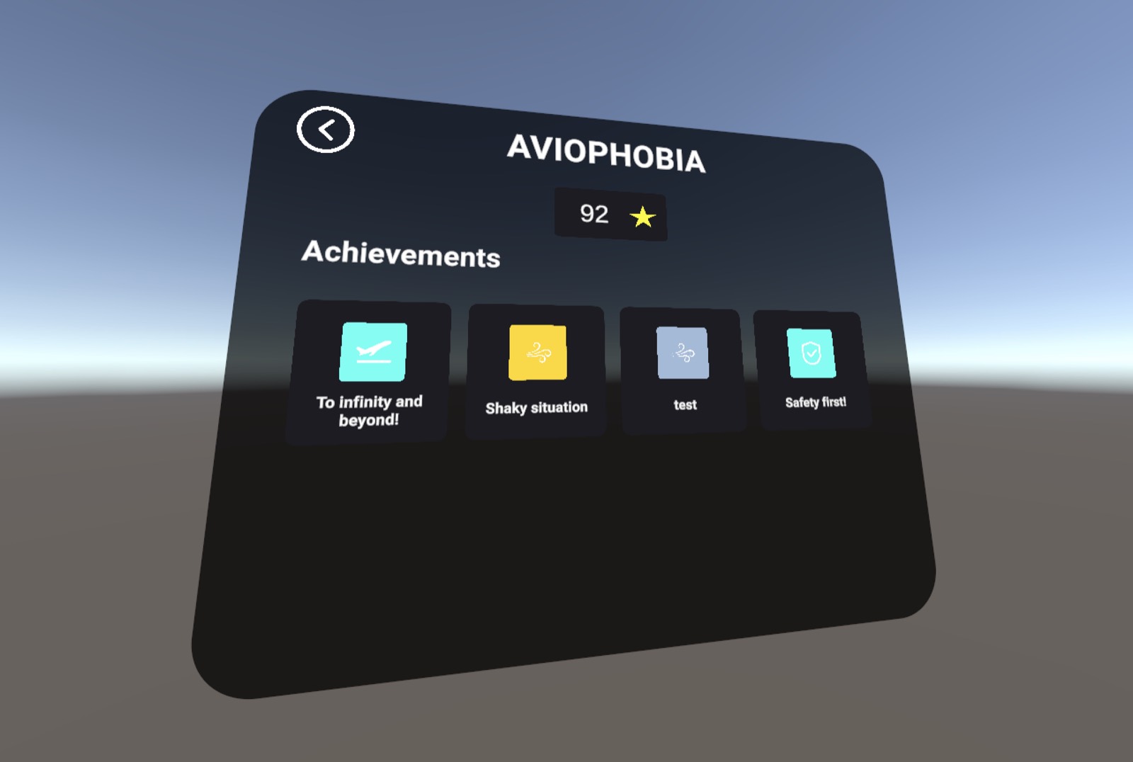 A panel in virtual reality showing a star count and unlocked awards for a scenario