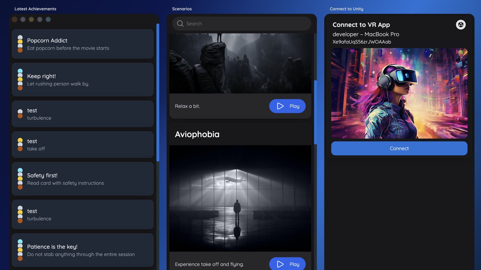 Dashboard: connecting to the VR app, the scenario list and the client's latest achievements