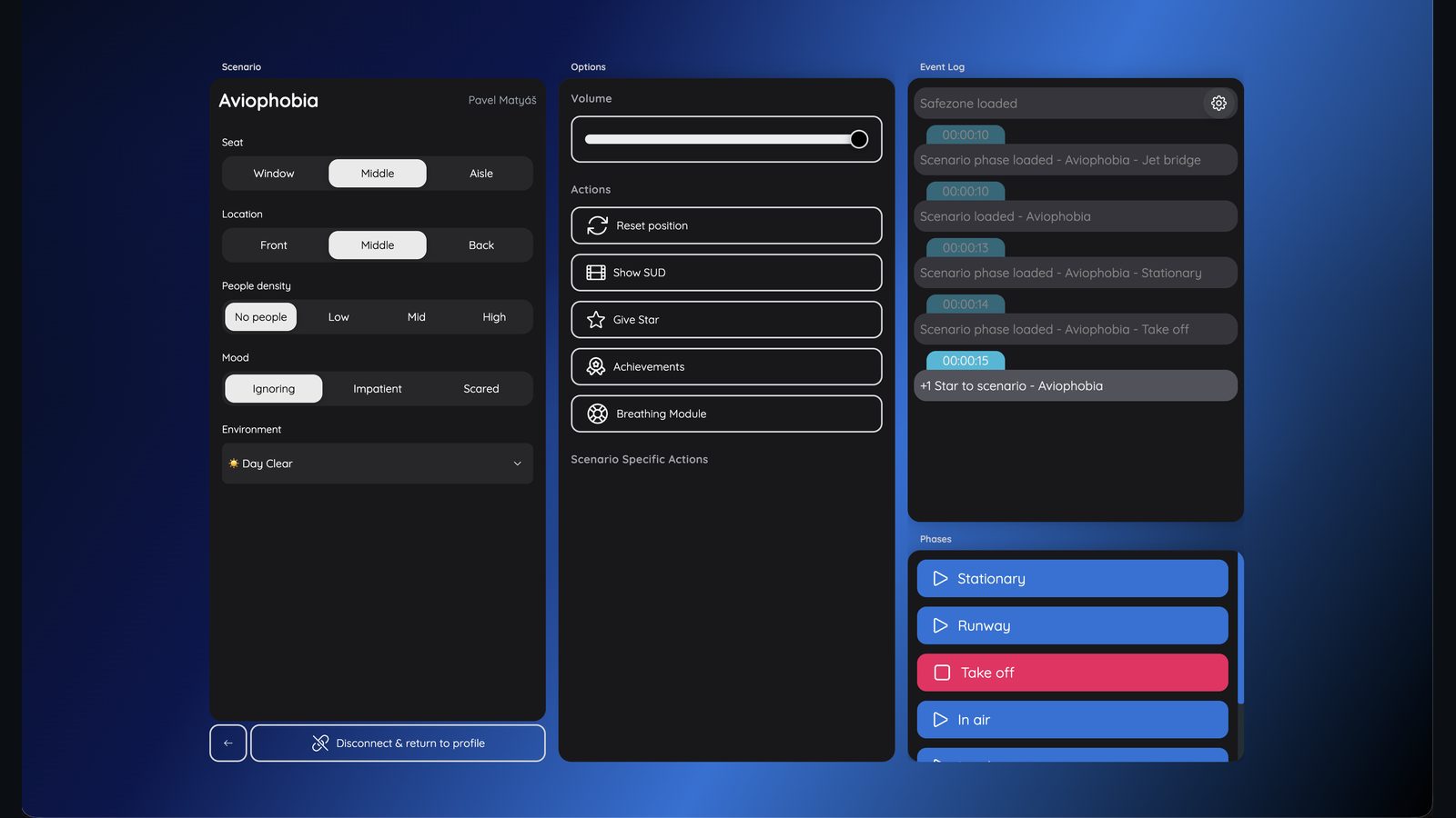 Dashboard: flight scenario settings — seat, crowd density, mood, environment, actions and flight phases