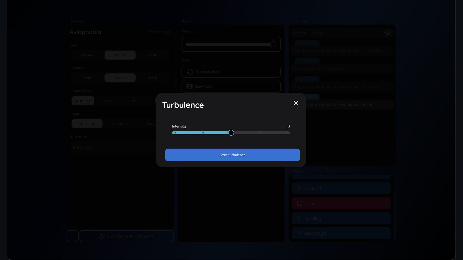 Dashboard: turbulence dialog with an intensity slider in the flight scenario