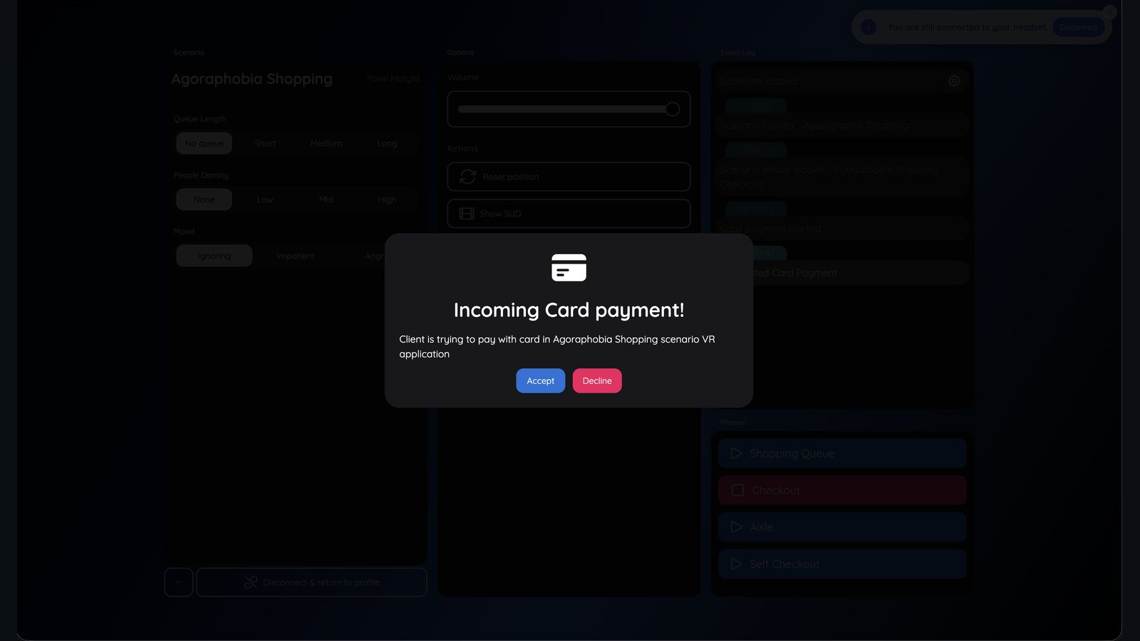 Dashboard: the client pays by card and the therapist accepts or declines