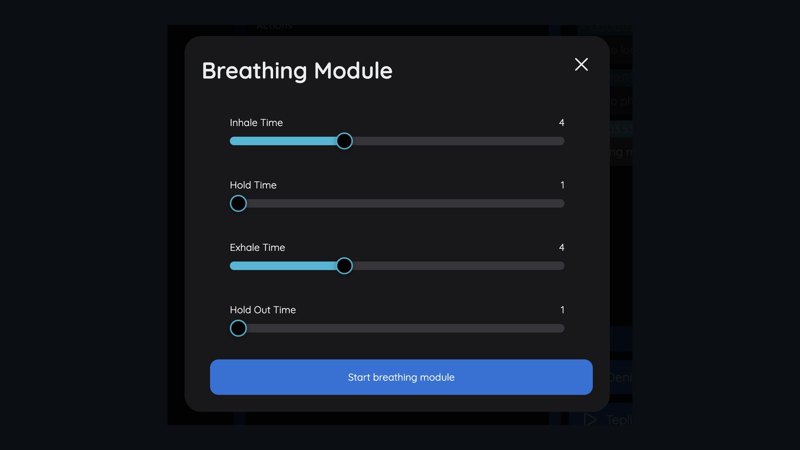 Dashboard: breathing module with inhale, hold and exhale settings
