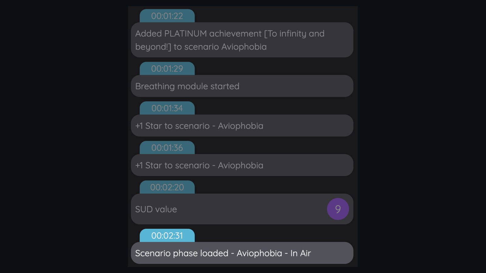 Dashboard: session event log with timestamps — achievement, breathing module, stars and a SUD value
