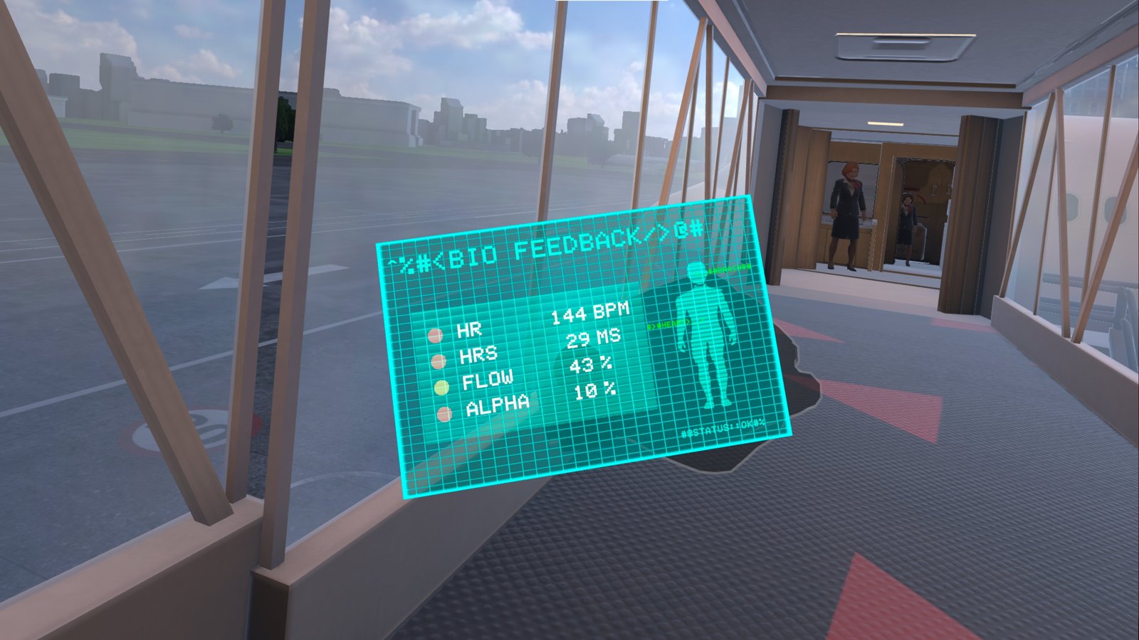 In VR: the biofeedback panel with heart rate, HRS, Flow and Alpha EEG