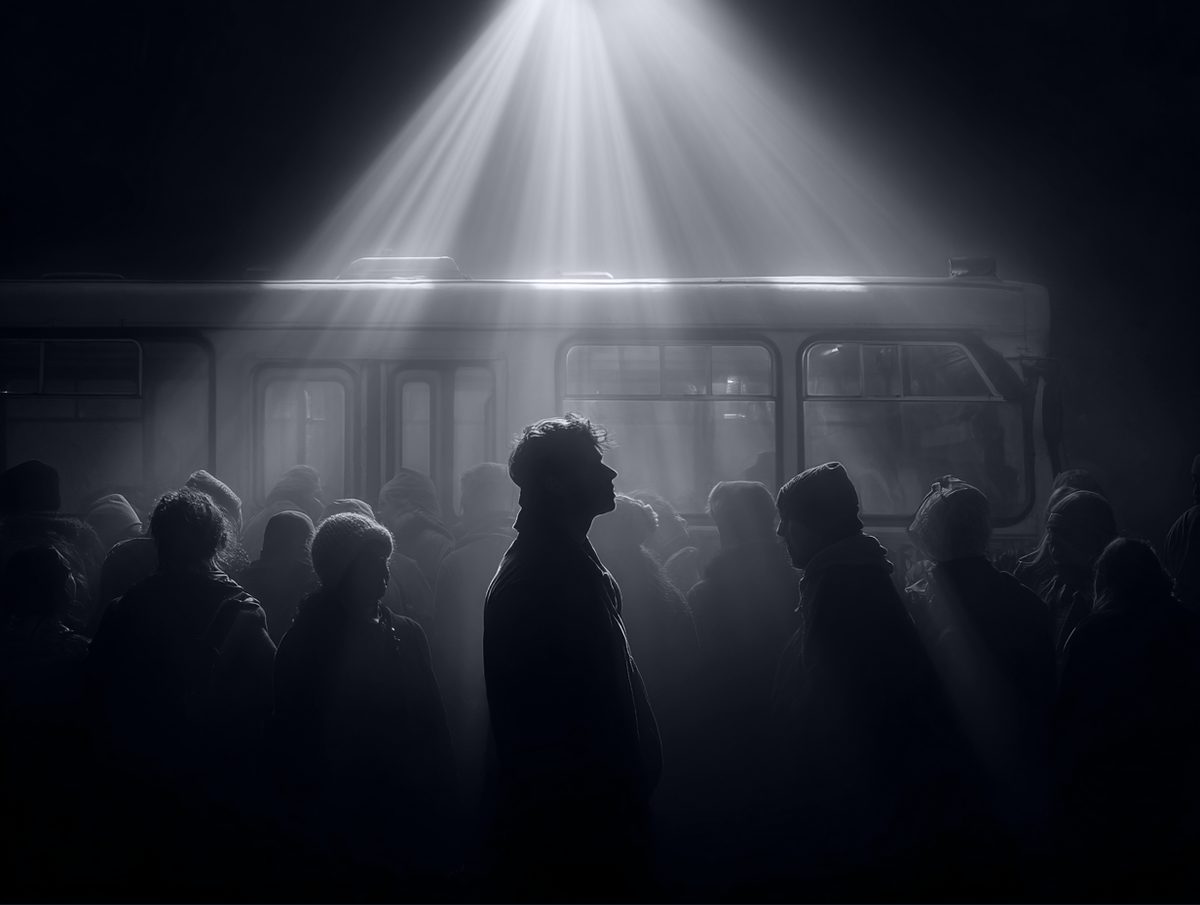 A figure in a crowd before a bus under a cone of light
