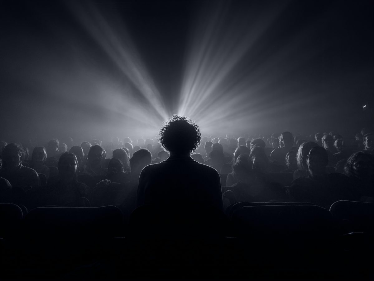 A silhouette in a cinema hall before the projector beam