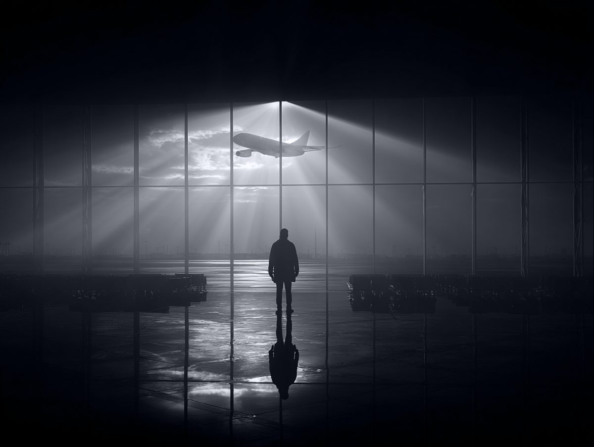 A figure in a hangar before a glass wall, a plane taking off in beams of light