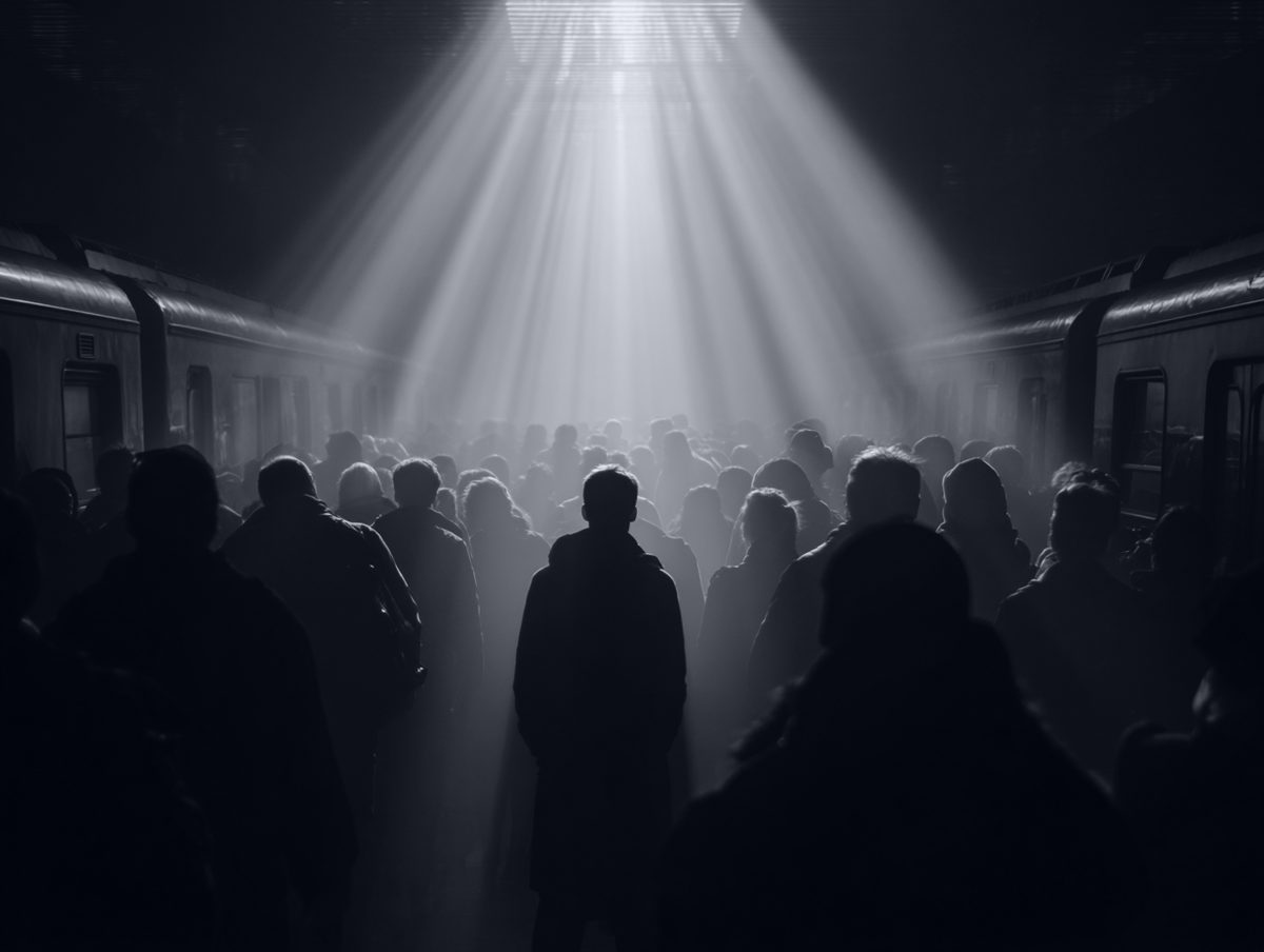 A metro platform full of silhouettes under falling beams of light