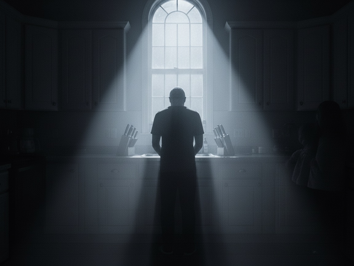 A figure in a kitchen seen from behind, beams of light falling through an arched window