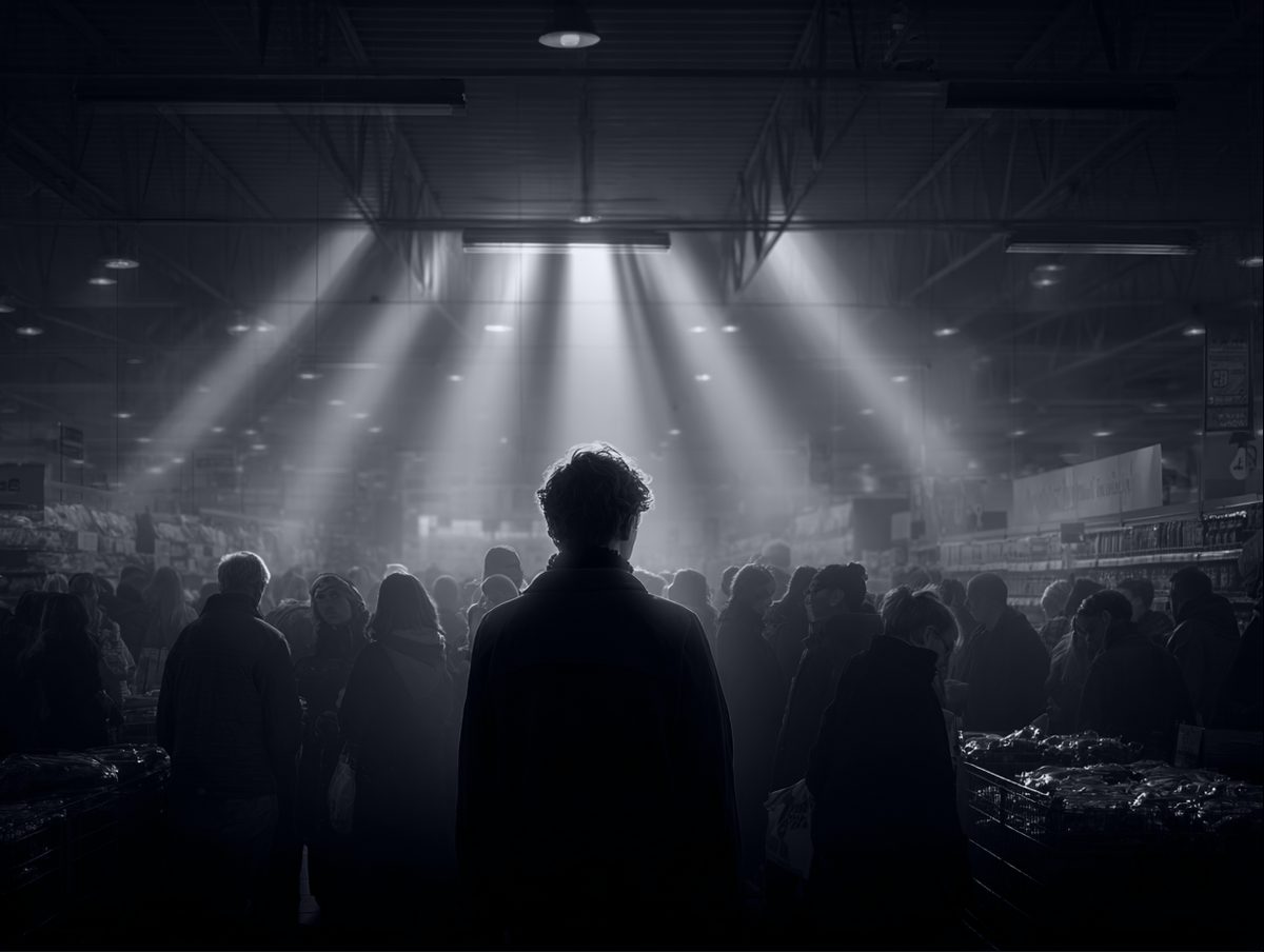 A figure in a supermarket crowd under light shafts