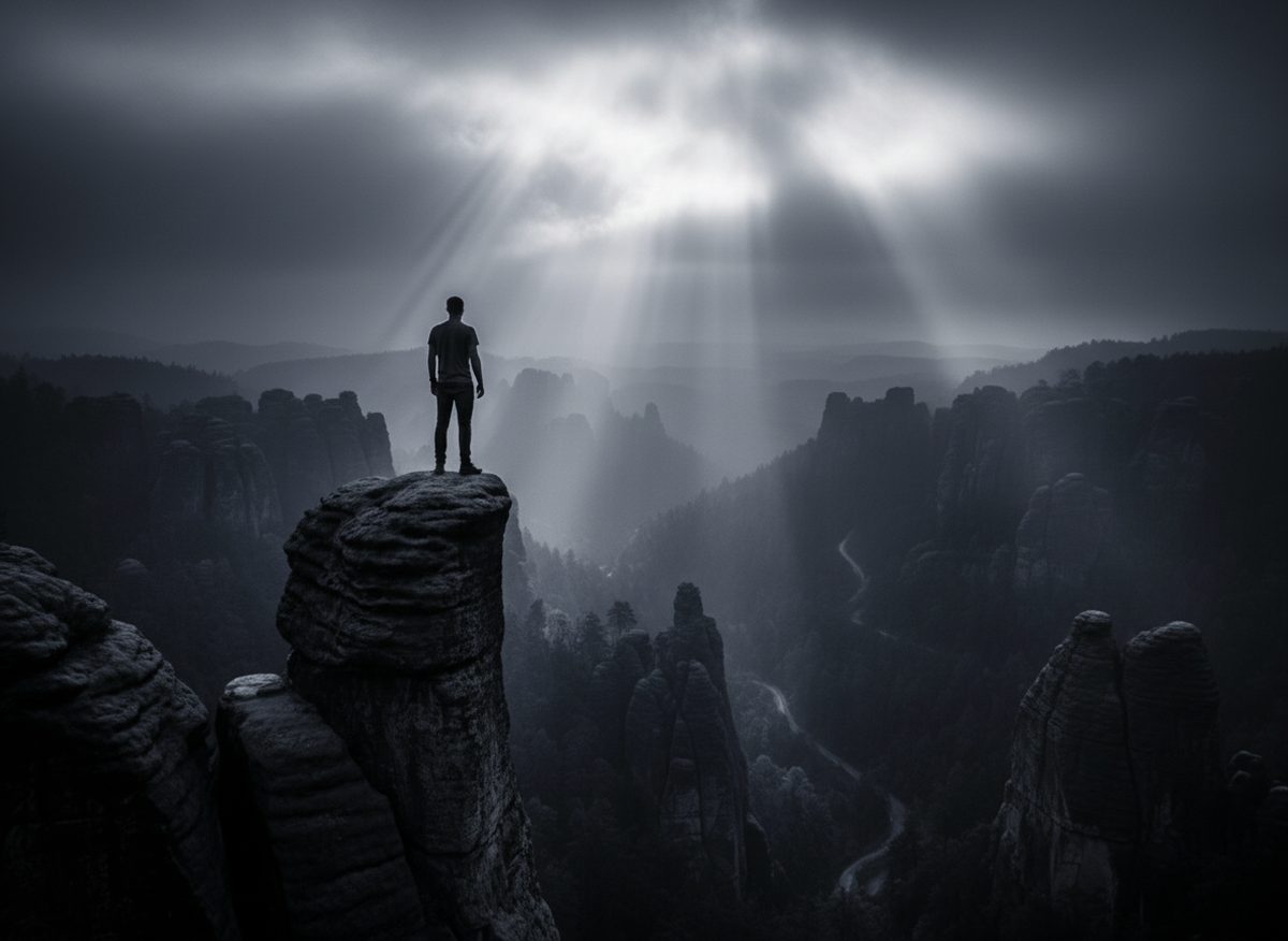 A figure on a rocky outcrop above a valley, sun breaking through clouds
