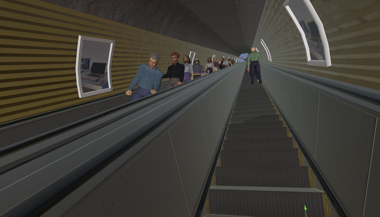 A long metro escalator with people in VR