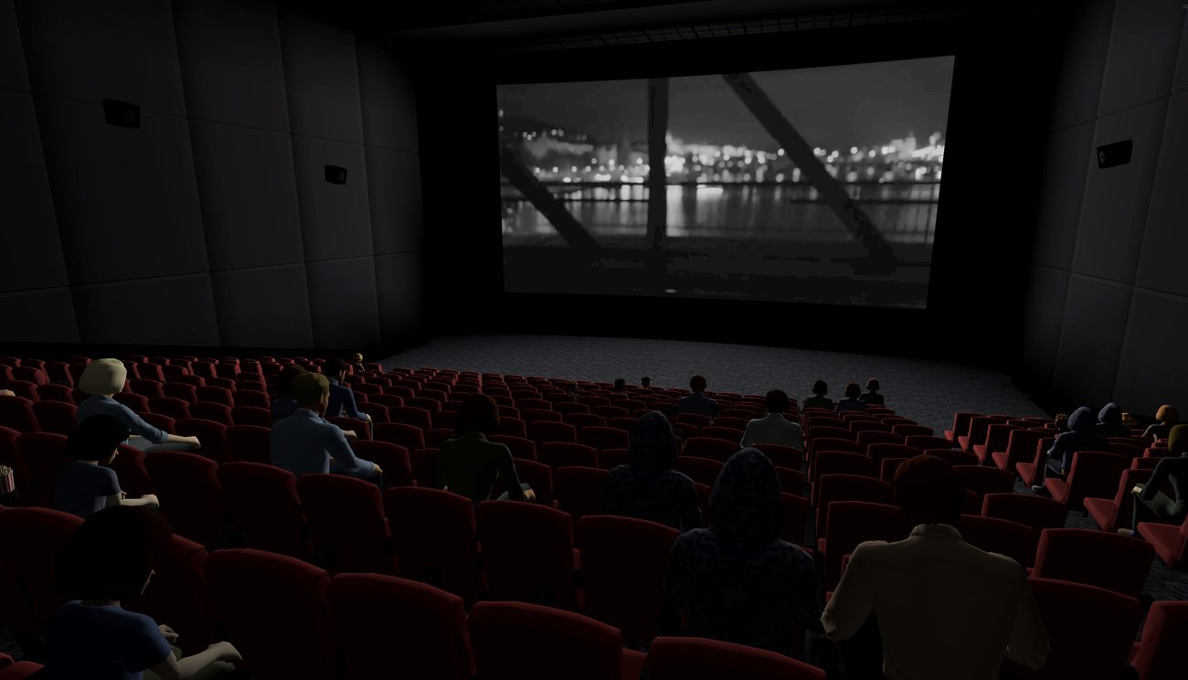 A cinema hall with an audience and a screen in VR