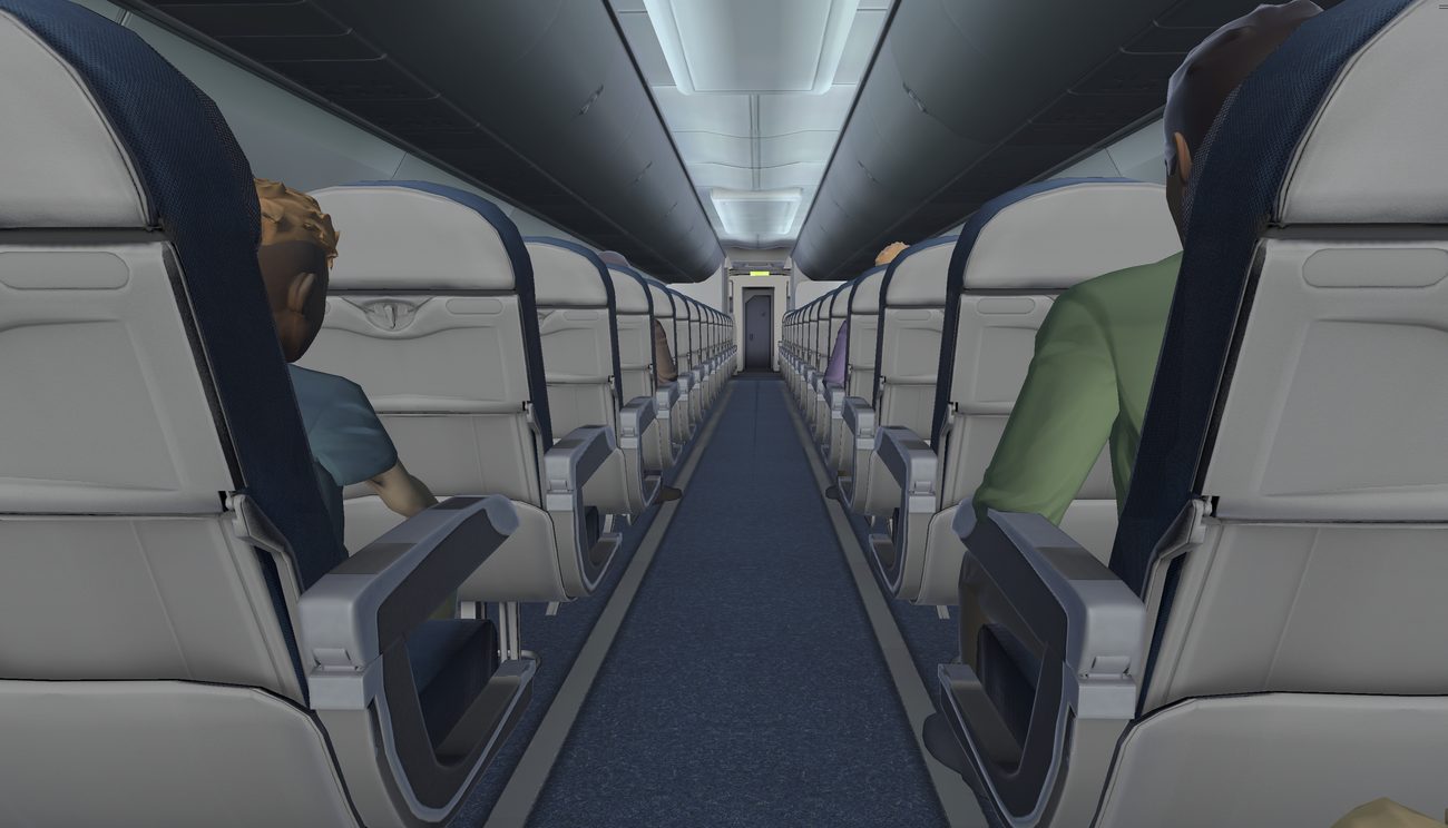 An airplane cabin aisle with fellow passengers in VR