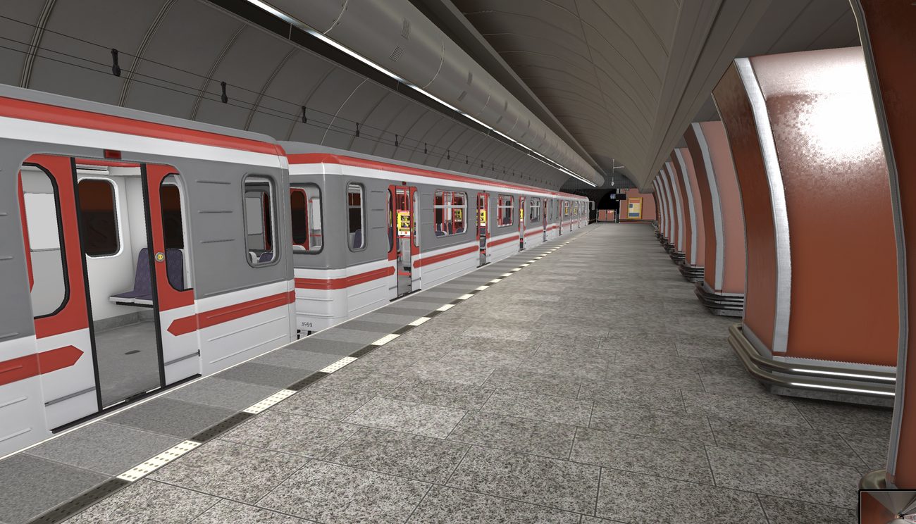 A metro platform with an arriving train in VR